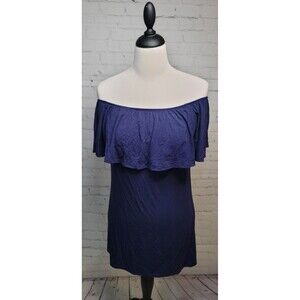 Lux & Co Women's Sm Off the Shoulder Top Blouse Tunic Blue Navy Stretch Ruffle